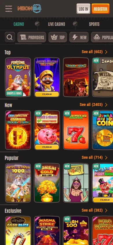 Neon54 Casino games on a mobile browser