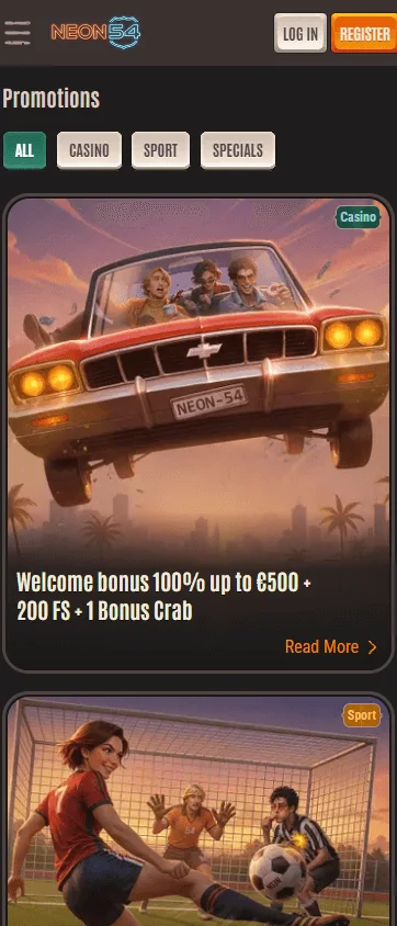 Neon54 Casino promotions on a mobile browser