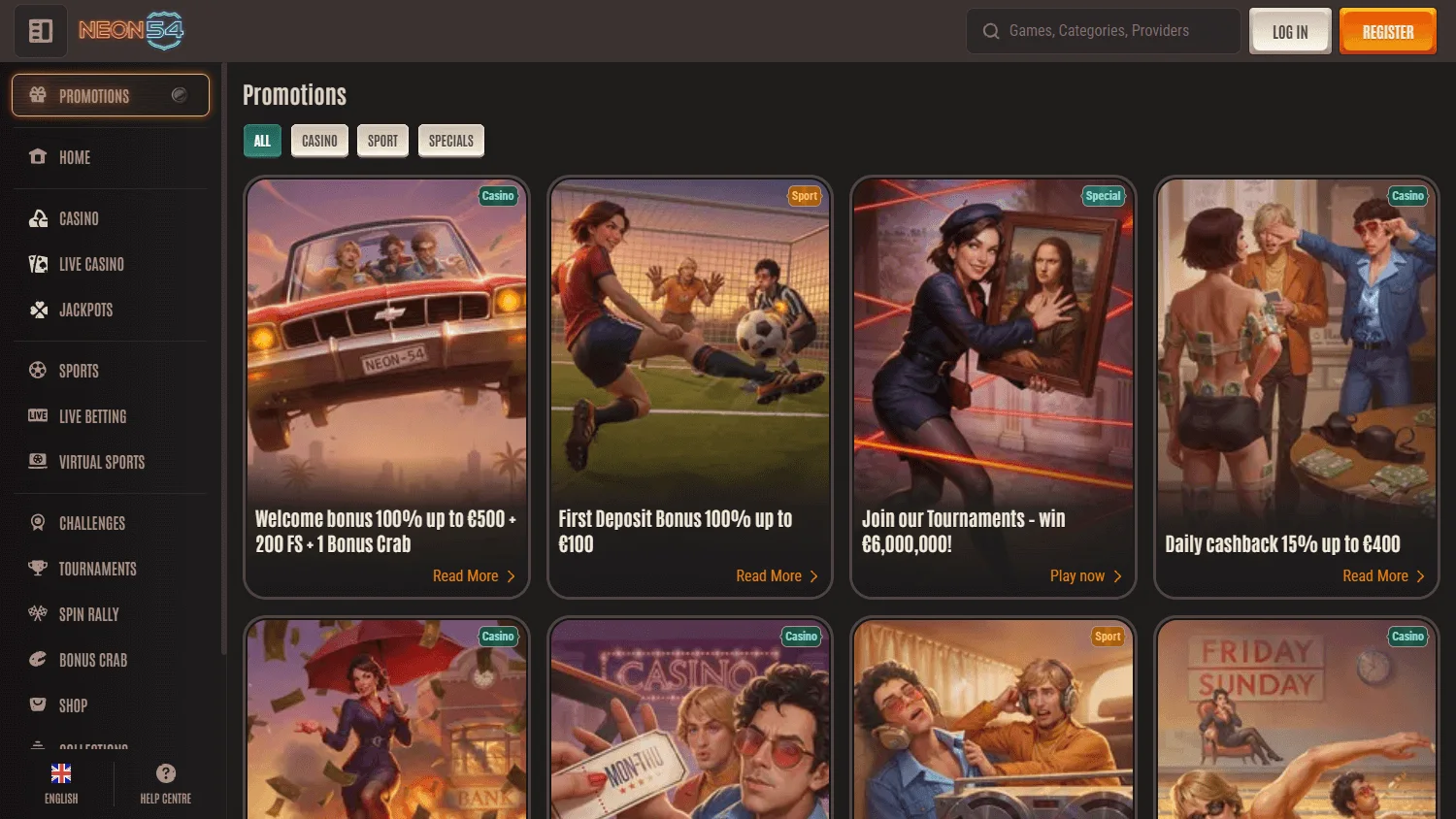 Neon54 Casino promotional offers on desktop