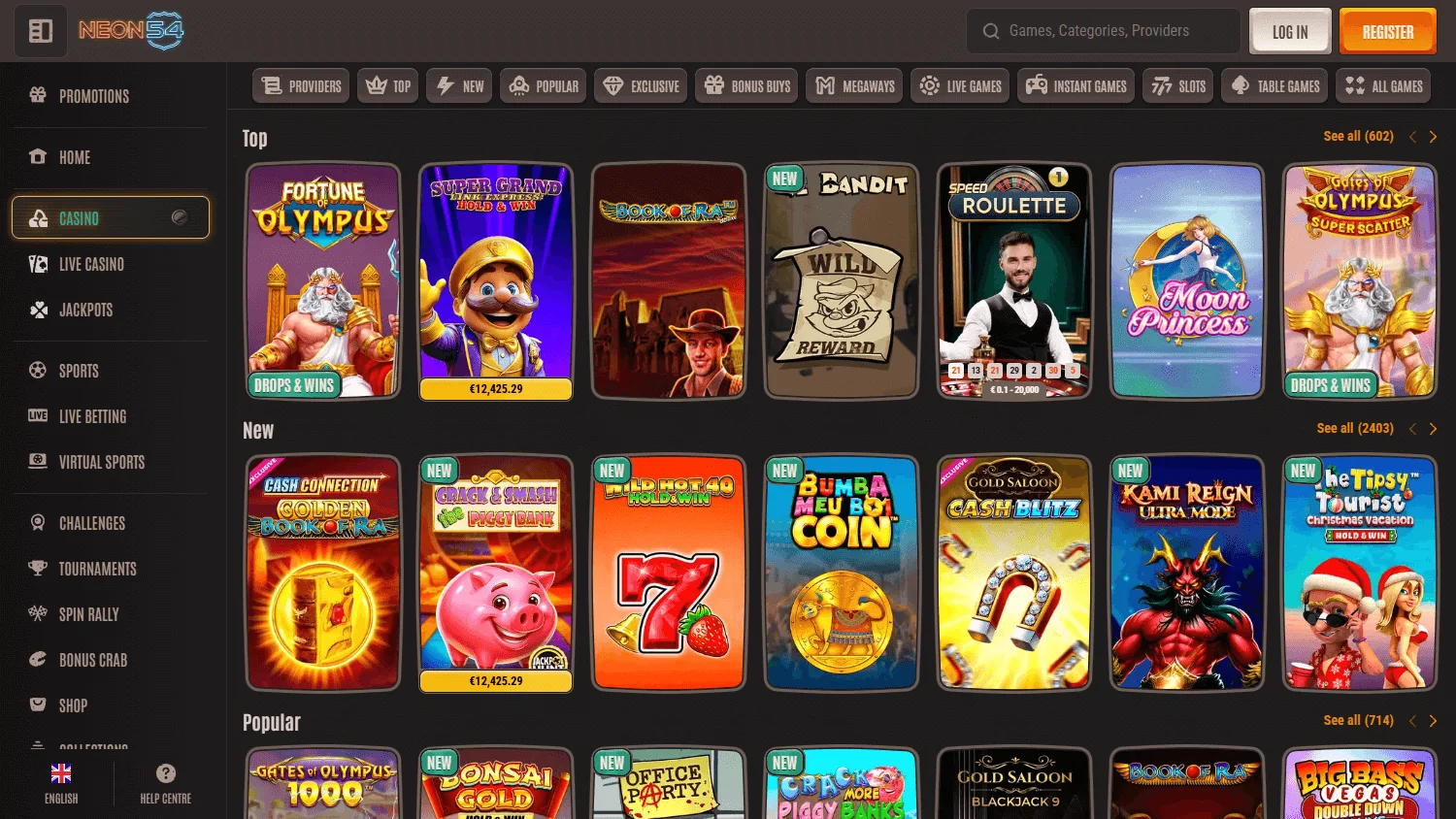 Neon54 Casino game selection on desktop