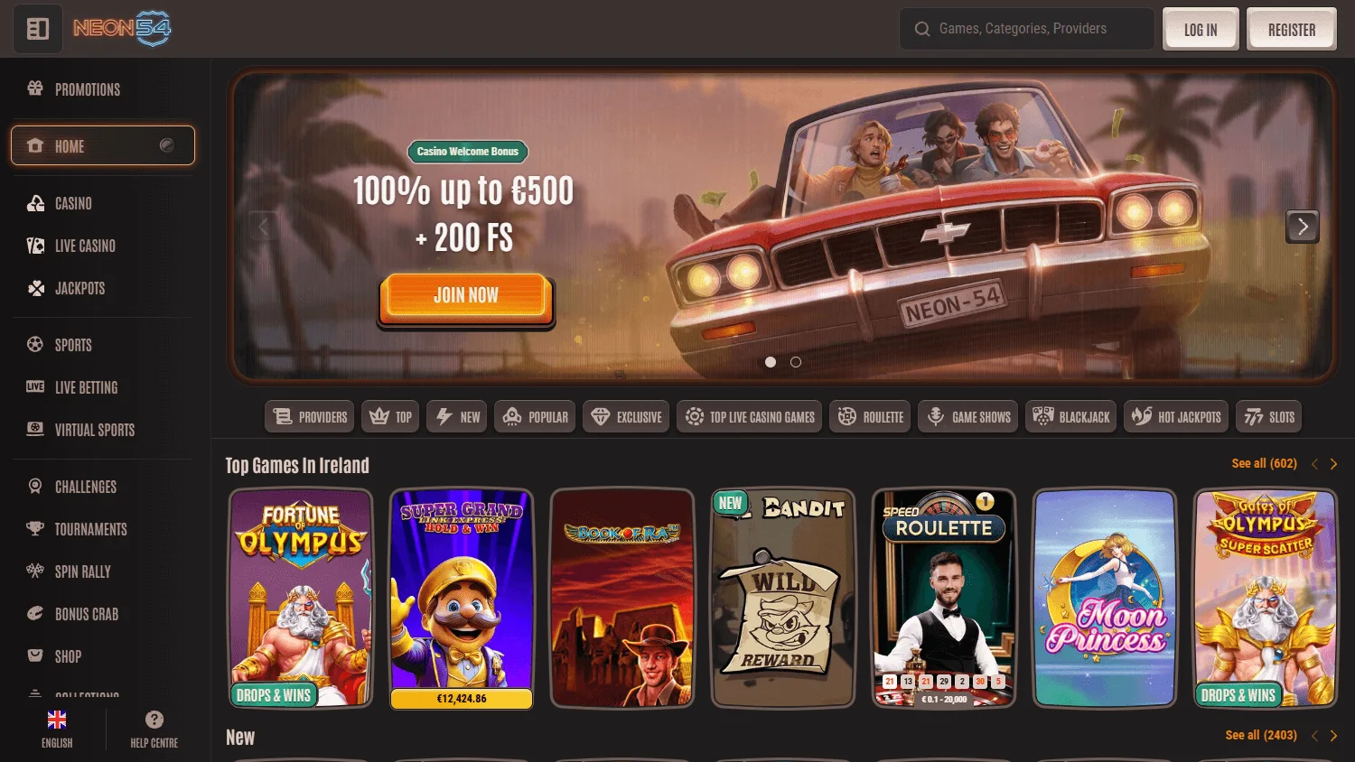 Neon54 Casino home experience on desktop